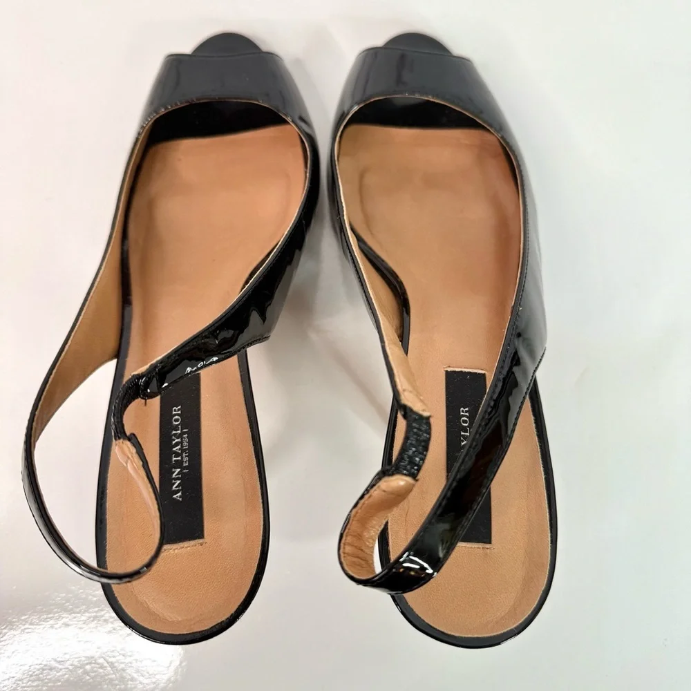 ANN TAYLOR Perfect KH Slingback Black Patent Leather Peep Toe Size 7.5 Heels - Picture 10 of 15